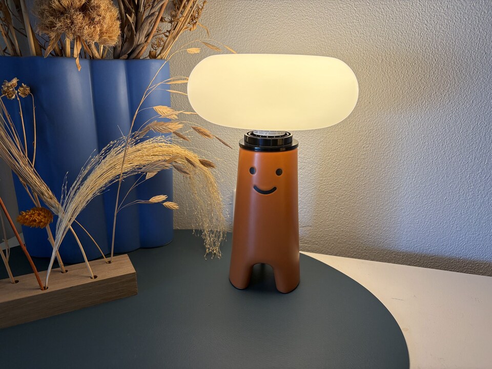 Oranje paddenstoellampje met een lachend gezichtje en een ledlamp als hoed, aan